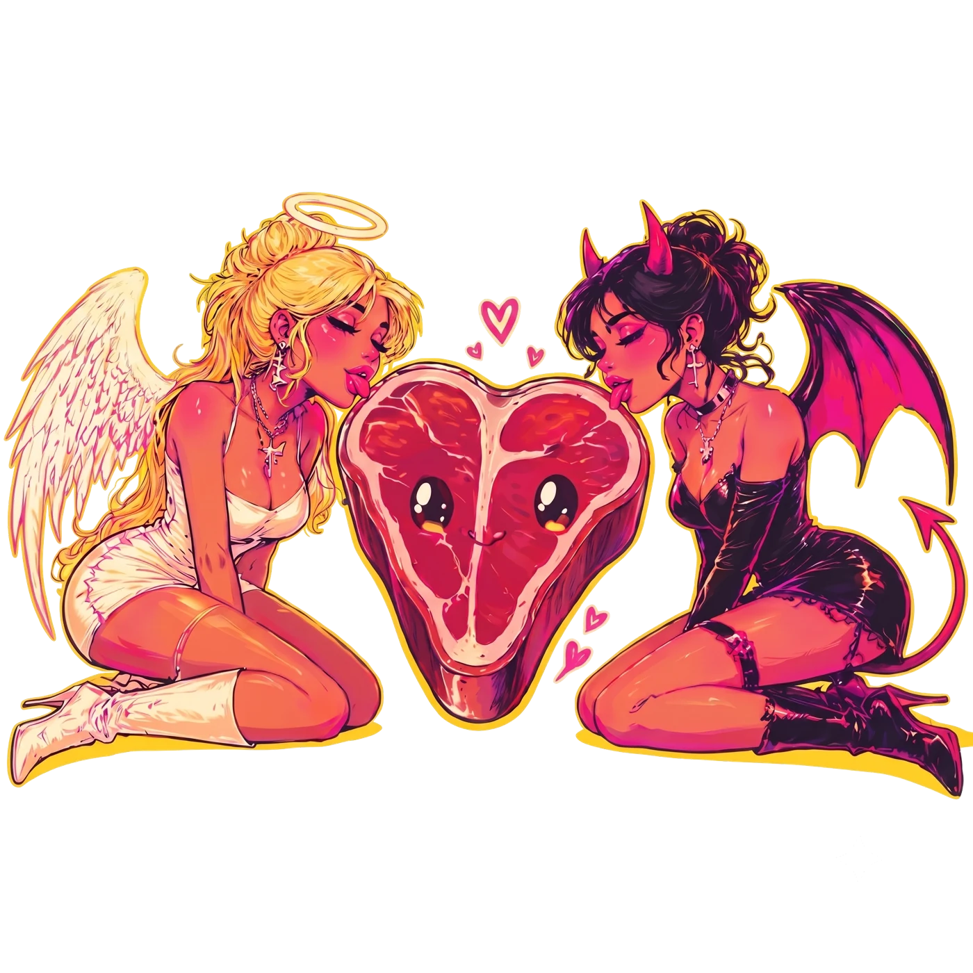 An angel and a devil kneeling on either side of a heart-shaped steak